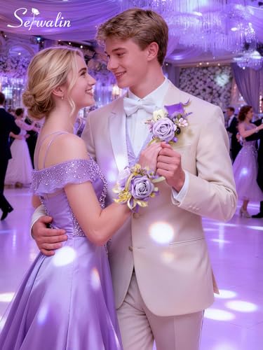Serwalin Prom Corsage and Boutonniere Set Purple, Prom Flower Wrist Corsage Wristlet for Homecoming, Formal Dance, Wedding Flowers Lavender Accessories Party Suit Decorations - color: Purple