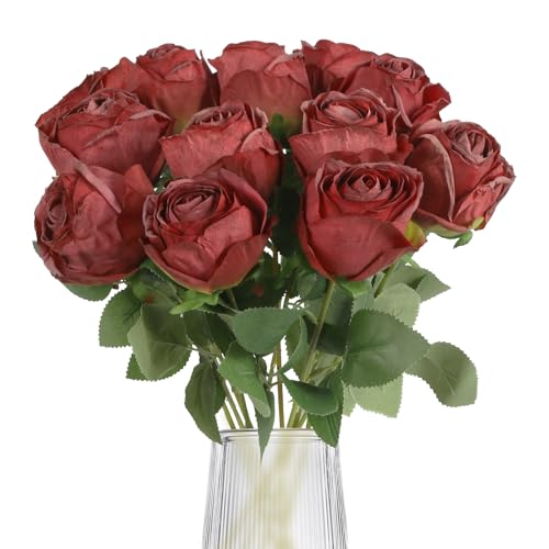 12Pcs Red Roses Artificial Flowers 20" Vintage Silk Fake Roses with Stem for Vases Realistic Faux Roses Bouquet for Wedding Table Centerpieces Home Decorations DIY Party Arrangements (Red) - color: Red