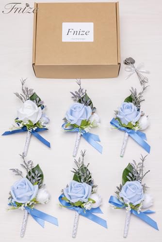 Fnize Blue Boutonniere for Men, 6 Pcs Groom Groomsmen Boutonnieres, Artificial Flowers for Wedding Prom Homecoming - color: Blue