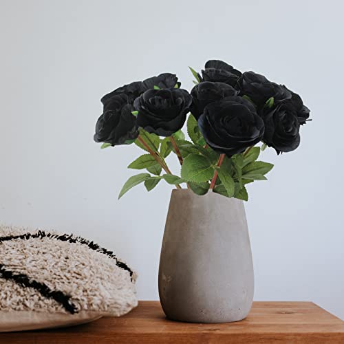 Hananona Black Artificial Roses for Flower Arrangement, 12 Pcs Silk Black Roses Bouquet for Halloween Home Decoration, Faux Black Roses for Halloween and Gothic Decoration - color: Black