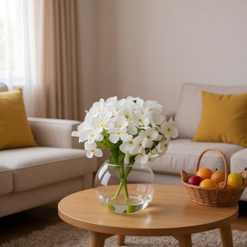 2 Pcs Hydrangea Artificial Flowers - Fake Flowers Real Touch Floral Arrangement with Faux Water in Glass Vase, Home, Bathroom and Office Table Centerpiece Decor（White） - color: White