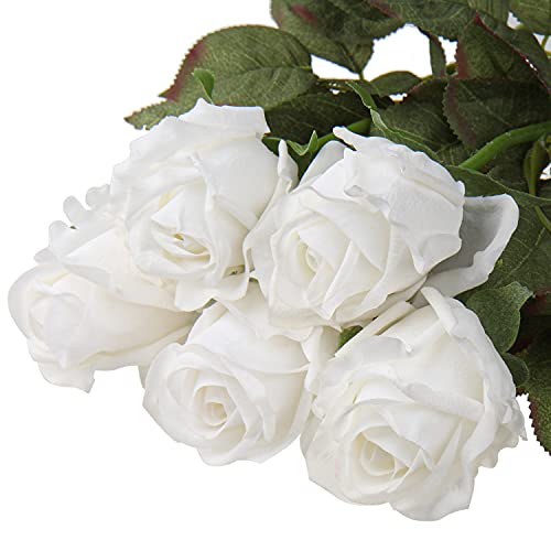 DILATATA Artificial Realistic Roses White Flowers 24" Real Touch Silk Roses Bouquet Long Stems Rose Fake Roses Decor for Home Party Wedding Table Centerpieces Roses Realistic - 5 Pcs - color: White