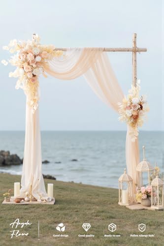 Deluxe Wedding Arch Flowers with Drapes Kit Pack of 4, 2pcs Champagne & White Eucalyptus Hanging Silk Flowers Arrangement 2pcs Chiffon Drapes for Ceremony Arbor Party Outdoor Decor - color: Champagne & White Eucalyptus