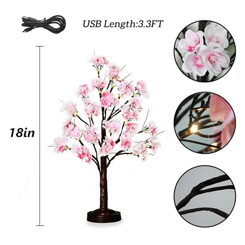 24 LED Pink Cherry Blossom Tree Light 18 Inches Artificial Tabletop Fairy Tree Lamp Eight Lighting Modes USB or Battery Operated with Timer Decor for Bedroom Wedding Christmas Spring (Warm White)