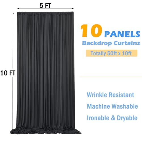 50ftx10ft Wrinkle Free Black Backdrop Curtain for Parties, 10 Panels 5x10ft Silky Photo Backdrop Drapes Back Drop Cloth Drapery for Wedding Birthday Photography Background Photoshoot Decor - color: Black, size: 50ftx10ft