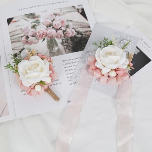 White Rose Corsage and Boutonniere Set for Wedding Prom Bride Groom Silk Rose Wristlet Band Bracelet Men Boutonniere Set Corsage Wristband Boutonniere for Wedding Suit Decoration (Pure White) - color: Pure White