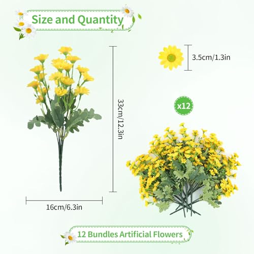 12 Bundles Daisy Artificial Flowers for Outdoors, Yellow Faux Daisies Artificial Flowers, Realistic Fake Mum Daisy Flowers, Faux Daisy Flowers for Front Porch, Garden, Yard, Home Decor, 13in - color: Daisy-yellow