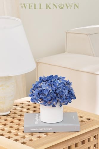 Blue Hydrangea Fake Flowers in Vase, Artificial Flowers with Ceramic Vase, Small Faux Potted Floral Arrangements for Home Bathroom Kitchen Office Coffee Table Wedding Party Centerpiece Decor & Gift - color: Hydrangea, Blue