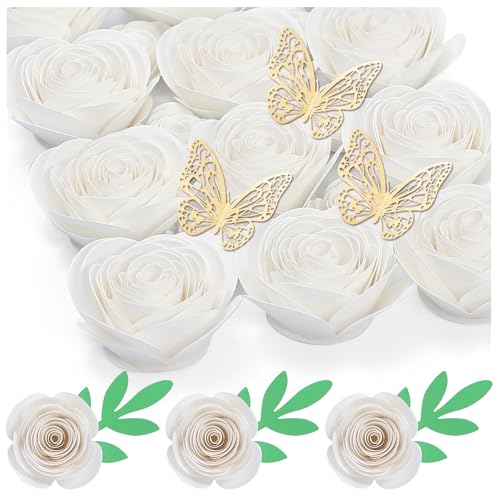 Mverse 18 Pcs Small Paper Flowers for Crafts, Paper Rose for Graduation Cap, Shadow Box Decoration, Party Table Confetti Décor (White) - color: 04- Snowy