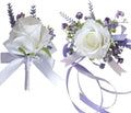 Ting & Cecilly Lavender Rose Wrist Corsage Wristlet Band Bracelet and Men Boutonniere Set for White Wedding Flower Accessories Prom Suit Decorations