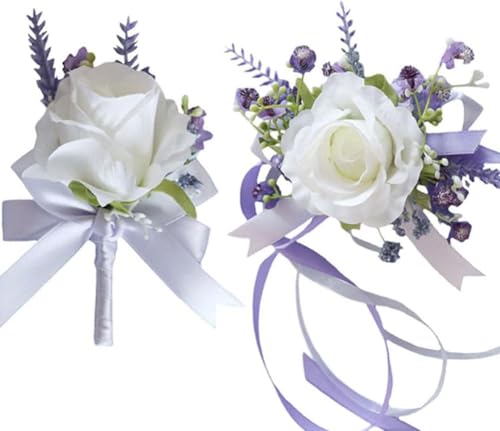 Ting & Cecilly Lavender Rose Wrist Corsage Wristlet Band Bracelet and Men Boutonniere Set for White Wedding Flower Accessories Prom Suit Decorations