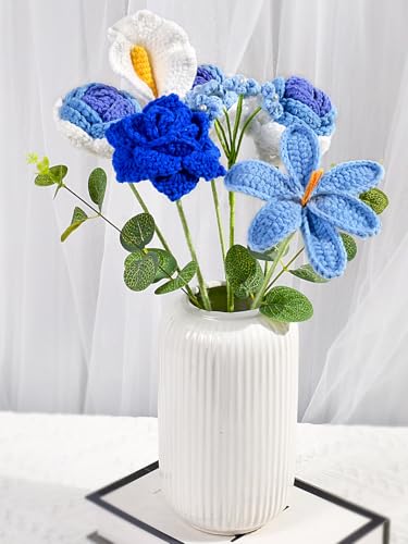 Crochet Flowers Bouquet, Knitted Rose Tulip Calla Lily Flowers Bouquet for Mother's Day, Father's Day, Birthday, Graduation, Home Décor, Gifts for Mom, Dad, Lovers, Friends, Blue - color: Blue
