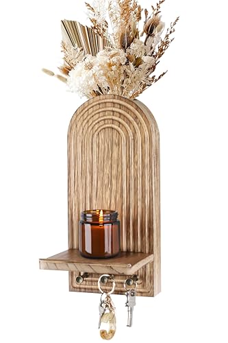 3-in-1 Wooden Wall Organizer - Planter Vase + Candle Sconces + Hooks (No Dried Flower)- Farmhouse Hanging Decor Boho Wall Art for Indoor Plants Artificial Eucalyptus for Living Room Bedroom Nature - color: Nature