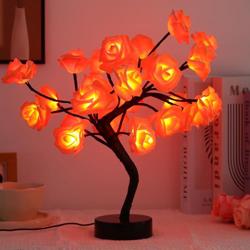 Drawelry Rose Flower Tree Lamp - LED Rose Tree Table Lamp USB/Battery Powered Artificial Bonsai Flower Night Light for Bedroom Living Room Party Wedding Birthday Decor (Orange) - color: Orange