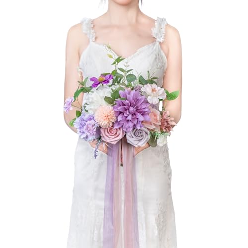 TINGE TIME Artificial 9 Inch Bridal Bouquet,Violet&Mistyrose Flower Bouquet with Roses for Bride, Bridal Tossing Bouquet for Wedding Ceremony Anniversary Bridal Showers Wedding Church Decoration - color: Violet & Misty Rose