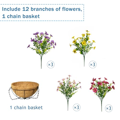 Artificial Hanging Flowers for Outdoors with Basket,UV Resistant Realistic Faux Hanging Plants Outdoor Artificial Flowers for Outdoors Basket for Yard Porch Patio Garden Home Decor,12 Bundles Mix - color: Purple+pink+yellow+rose Red