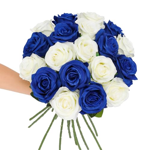 Tifuly Roses Artificial Flowers - 12 pcs Realistic Long Stem Fake Roses Mashup Style Silk Roses for DIY Bouquets Wedding Centerpieces Arrangements Home Party Decor（White & Blue） - color: White & Blue