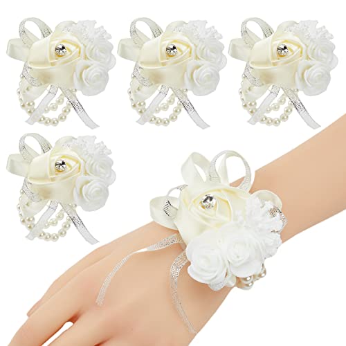 4pcs Beige-White Wedding Wrist Corsages Faux Silk Rose for Women | with Pearls for Brides, Bridesmaids, the Mother of the Bride, Prom, Homecoming, and Evening Party - color: 4pcs Beige Wrist Corsages