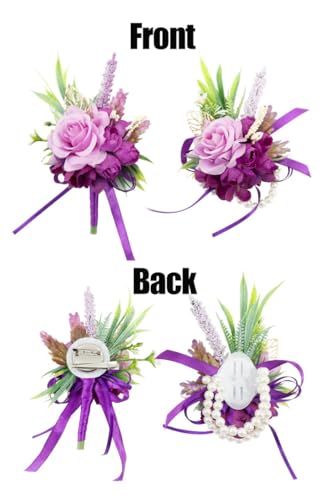 2 Pcs Wrist Corsage and Boutonniere Set, Deep Purple Corsage for Wedding, Boutonniere for Men Artificial Rose Flower Wristlet Bracelet Prom Ceremony Anniversary Accessories Decor Suit - color: Deep Purple