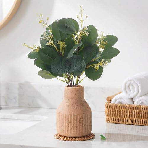 Artificial Eucalyptus Greenery Stems in Ceramic Vase 10Pcs Fake Plants Eucalyptus Leaves for Centerpiece Table Decorations Home Room Decor Office Desk Decor Greenery Decor Indoor (Beige) - color: Beige