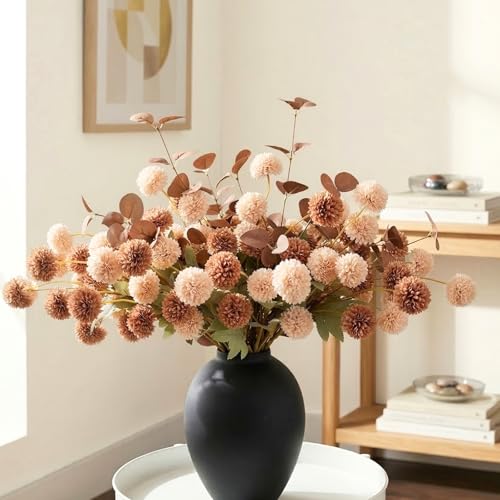 22pcs Artificial Beige & Brown Kiku Flowers with Eucalyptus Stems Bulk, Faux Silk Mum Pom Poms for Vase, Modern Farmhouse Boho Home Decor, Realistic Floral Centerpiece for Kitchen & Living Room - color: Beige & Brown