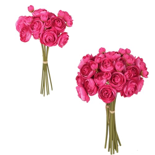 IPOPU Hot Pink Flowers Artificial Ranunculus 2Bouquets Silk Flowers with Stems 12PCS Mini Fake Flowers for DIY Wedding Bouquet Bridal Shower Decorations Floral Filler Flowers Centerpieces (Hot Pink) - color: Hot Pink