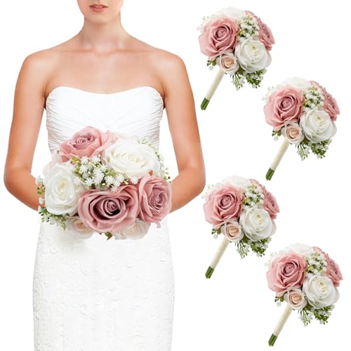Wedding Bridesmaid Bouquets Set of 4, Artificial Silk Flowers Arrangement for Ceremony Marriage Proposal Party Anniversary Decorations - Dusty Pink & White - color: Dusty Pink & White, size: Set of 4 Bouquets
