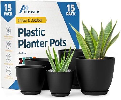 Black Plant Pots with Drainage Holes & Saucers 15 Pack, Indoor & Outdoor Stackable Space-Saving Planters for Houseplants & Flowers, (7", 6.7", 6", 5.3", and 4.8" Inches), Durable & Weatherproof - color: Black, size: Pack of 15