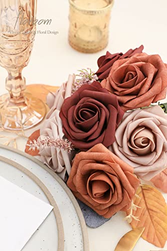 Floroom Artificial Flowers 25pcs Real Looking Terracotta Ombre Colors Foam Fake Roses with Stems for DIY Wedding Bouquets Bridal Shower Floral Centerpieces Party Tables Home Decorations - color: Shades of Terracotta