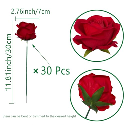 FagusHome 30 Pcs Silk Rose Artificial Flowers Roses Bulk Bouquet Fake Flowers Rose Heads with Stems for Home Wedding Decor (Red) - color: Red