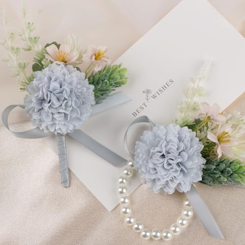 Alizeal 2Pcs of Wrist Corsage and Boutonniere Set, Artificial Flowers Accessories Suit Decor for Wedding Prom Party Homecoming Ceremony, Blue Gray - color: Blue Gray