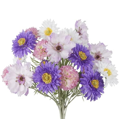 CISDUEO 4 Pcs Artificial Wildflowers Fake Cosmos with Long Stem Silk Flower Chrysanthemums Artificial Flowers Arrangements for Wedding Bridal Bouquet Table Centerpiece Outdoor Summer Spring Decor - color: Purple, White, Pink