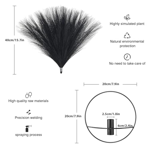 Jolly Boho Wall Art, Metal Wall-Mounted Display, Artificial Pampas Hanging Decor - 2 Pack, Black - Living Room, Bedroom, Bathroom, Dining Room - color: 23-pampas-black - Black Ring, size: S 7.8inch (Black Ring)