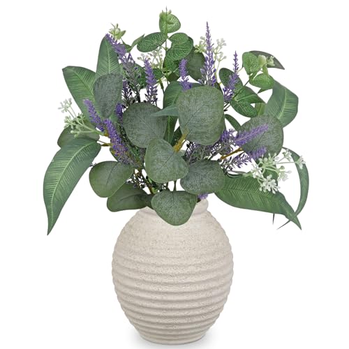 Briful Artificial Eucalyptus & Lavender Floral Arrangement – 14.5” Faux Centerpiece with Mixed Greenery in Textured White Ceramic Vase for Home, Office & Shelf Décor - color: White