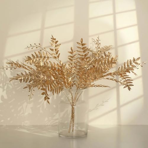 Efavormart 2 Pack 21 inch Metallic Gold Artificial Fern Leaf Branches, Faux Decorative Bouquets for Textural Floral Arrangements and Small Vase Styling - color: Type10