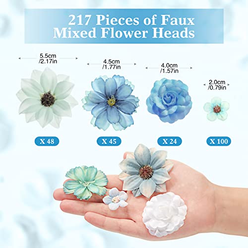 Cindeer 217 Pcs Mini Silk Flower Heads Bulk, Small Fake Flowers for Crafts Artificial 3D Loose Fabric Flower for Crafts DIY Wedding Party Hair Cap Dresses Decorations(Blue Series) - color: Blue Series