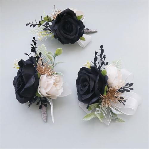 Black Ivory Rose Wrist Corsage for Wedding Party Bridal Shower Homecoming Ceremony Anniversary Artificial Silk Flowers Wristlet Corsage for Girl Mother Bride Bridesmaids - color: Black Ivory Corsage