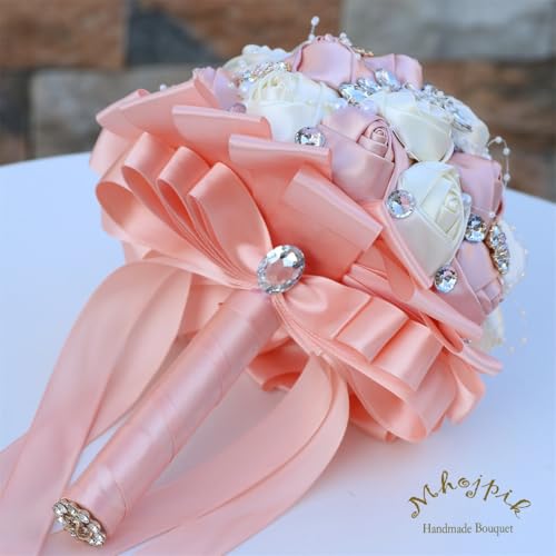 7.5" Pink Champagne & Ivory Bridal Wedding Bouquet Round Holding Bouquet Throw Toss Artificial Rose Flower Bunch for Bride Bridesmaid Wedding Quinceanera - color: Pink Champagne & Ivory, size: Small (Dia. 7.5"/19cm)