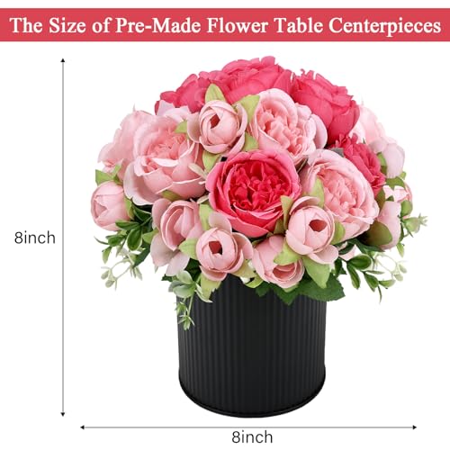 Pre-Made Flower Table Centerpieces, Set of 6 Artificial Silk Peonies with Black Vases for Wedding Reception, Modern Floral Decor for Birthday Party, Anniversary Ceremony - Hot & Pastel Pink - color: Hot Pink & Pastel Pink