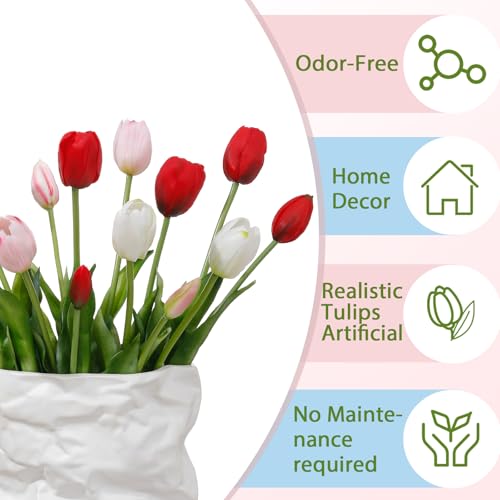 15 Pcs White-Light Pink-Red Artificial Tulips Fake Flowers, Premium Latex Lifelike Texture, UV Resistant Waterproof Faux Tulip Bouquets with Snap-on Petals for Outdoor, Home, Wedding Decor - color: White-light Pink-red