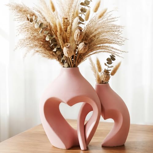 Pink Ceramic Flower Vases Home Decor Heart Shaped Vase Set of 2 Nordic Heart Shaped Vases, Minimalist Decorative Vase for Table Centerpiece Wedding Dining Living Room Office House Decoration - color: Pink
