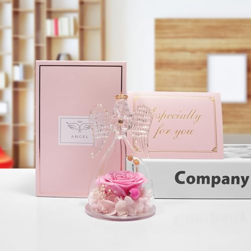 Miofula Gifts for Mom Birthday Gifts for Women, Preserved Flowers Rose in Glass Angel Figurines, Fresh Flowers for Delivery Anniversary Forever Real Roses Gifts for Mothers Grandma Her Wife Girlfriend - color: Pink