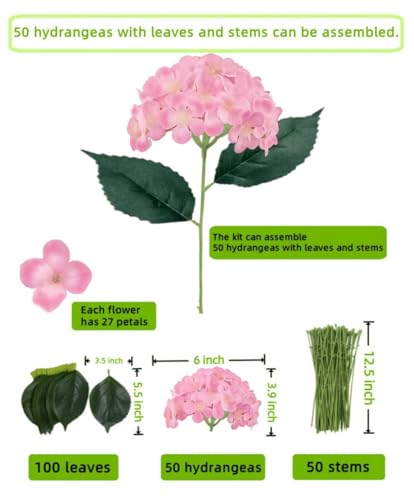 50 Pack Artificial Pink Hydrangea Flowers with Leaves, 6 Inch Silk Flower Heads, DIY Mother's Day Wedding Decor Set with 100 Leaves, 50 Stems - color: Pink