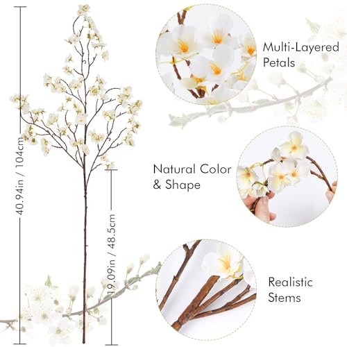 Waipfaru 4 Pcs Cherry Blossom Branches, 40'' Faux Cherry Blossom Tree Stems Decor, Long Stem Artificial Flowers for Tall Vase, Fake Flowers for Spring Home Indoor Outdoor Decoration (White) - color: Beige