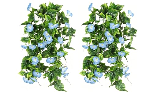 GTIDEA 4Pcs Fake Vines 30Feet Artificial Hanging Morning Glory Flower Garland Blue Faux Vines for Outdoors for Wall Fence Indoor Wedding Decor - color: Blue-4pcs