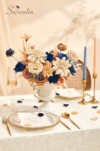 Serwalin Artificial Khaki Brown & Blue Flowers, Silk Fake Flowers for DIY Wedding Bouquets Cake Flower,Table Centerpieces Baby Shower Birthday Party Home Decorations - color: Khaki Brown & Blue, size: Grand