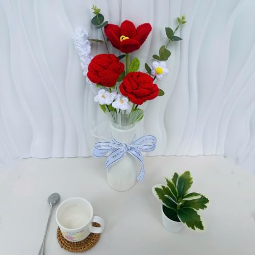 Completed RedGi Crochet Flowers Bouquet, Handmade Knitted Bouquet, Crochet Artificial Flowers for Mother's Day Birthday, Wedding Home Decor, Gifts for Mom (Red Rose & Tulip) - style: Red Rose & Tulip