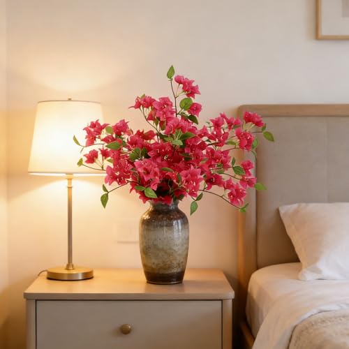 HCTCPALS Artificial Flowers for Outdoors 10 Pcs Bougainvillea Plant Realistic Silk Fake Flowers for UV Resistant Faux Plants Outdoor Indoor Outside Front Porch Hanging Planter Decoration-30” Rose Red - color: Bougainvillea Rose-red