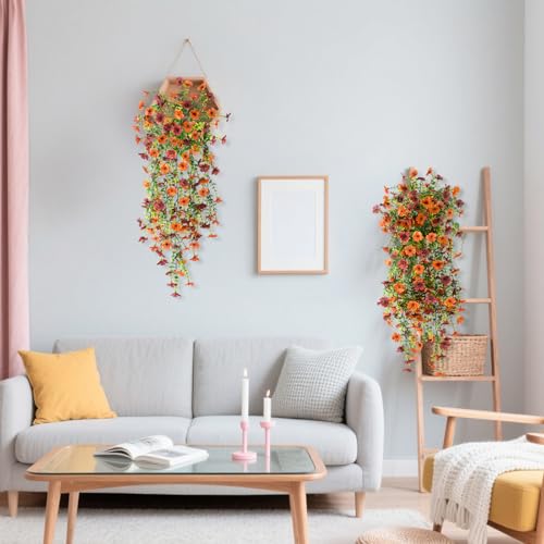 ZFProcess Artificial Hanging Flowers Plants for Outdoor Fall Decoration, 2PCS Faux Silk Daisy UV Resistant Look Real for Outside Home Indoor Planter Porch Garden Yard Autumn Decor(Orange Brown) - color: Orange Brown