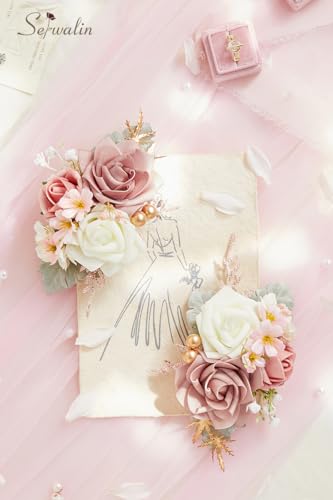 Serwalin 2 Pcs Boutonniere, 6-7 Inch Dusty Pink Corsage for Wedding, Boutonniere for Men Groom and Best Man Prom Ceremony Anniversary Party Suit - color: Pink, size: Boutonniere-2pcs